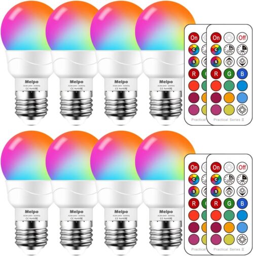 MELPO LED Color Changing Light Bulb with Remote Control, 5W 40W Equivalent, 500LM, 5700K,E26 Dimmable RGB Light Bulbs for Birthday Party/KTV Decoration/Household/Bar/Wedding (Pack of 8)