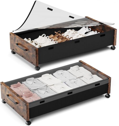 Under Bed Storage with Wheels, Underbed Shoe Storage, Under the Bed Storage Drawers with Remove Lid, Extra Large Rolling Blankets Clothes Storage Metal Drawer for Bedrooms Dorms (Vintage Brown-2pack)