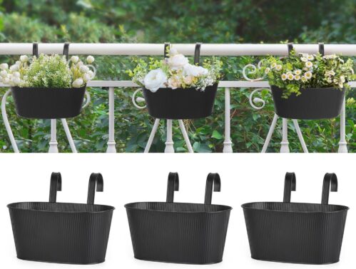 Mkono Metal Railing Planter Box 3 Pack Balcony Hanging Planter for Outdoor Plants with Detachable Hooks and Drain Holes Fence Planters for Any Balcony, Porch or Deck, Black