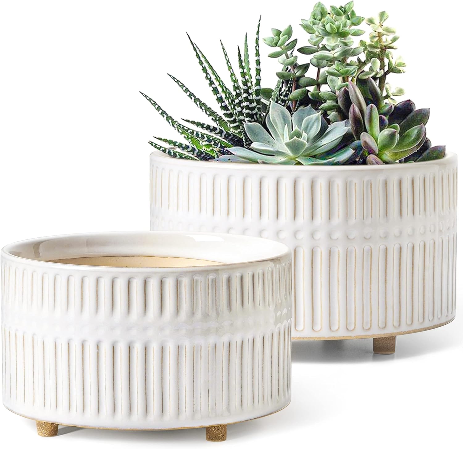 LE TAUCI Succulent Pots, 6.5+8 Inch Ceramic Indoor Plant Pot with Drainage Hole, Modern Round Decorative Flower Pot, Set of 2, Reactive Glaze White