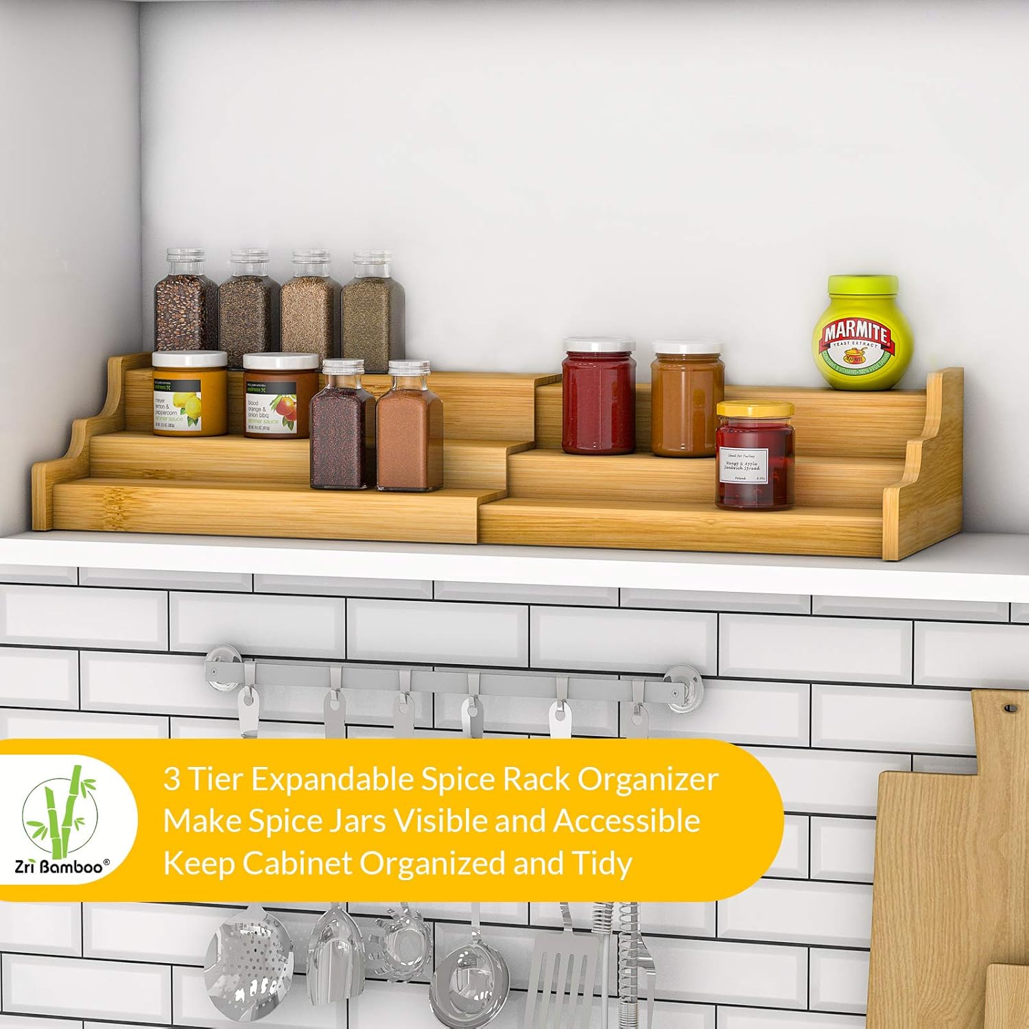 Spice Rack Kitchen Cabinet Organizer- 3 Tier Bamboo Expandable Display Shelf Yellow - Image 3