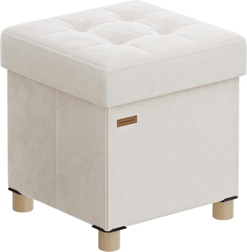 SONGMICS Small Storage Ottoman, Folding Ottoman Cube, 15 x 15 x 15.7 Inches, Footstool, Footrest, 9.8 Gal. (37 L), Velvet Surface, for Bedroom, Living Room, Dorm, Cappuccino Beige ULSF0516W02