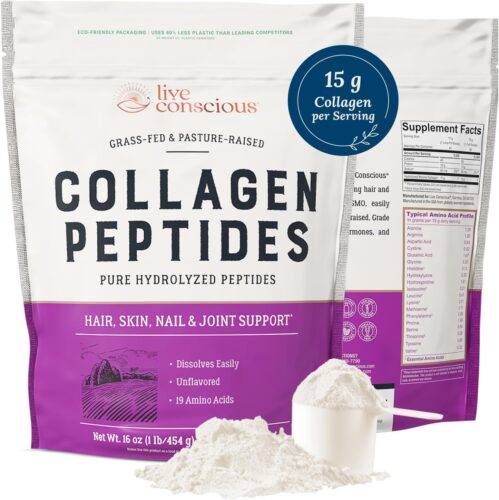 Live Conscious Collagen Peptides Powder – Naturally-Sourced Hydrolyzed Collagen Powder – Hair, Skin, Nail, and Joint Support – Type I & III Grass-Fed Collagen Supplements for Women and Men – 16oz