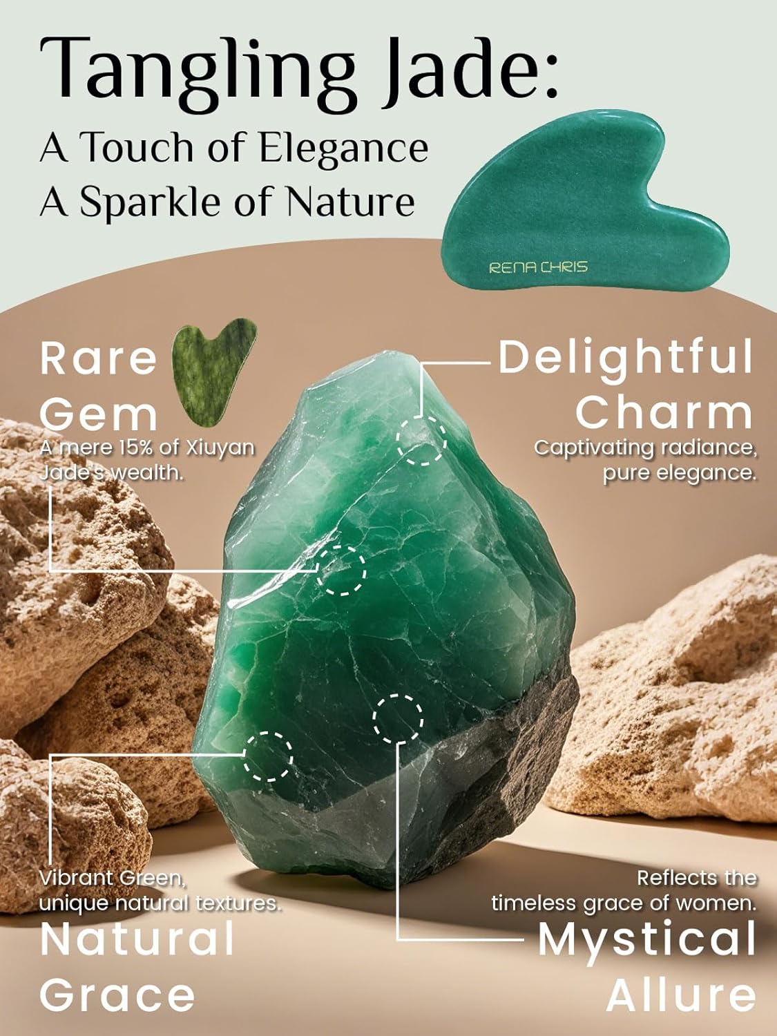 Rena Chris Gua Sha Facial Tools, Natural Jade Stone Guasha, Manual Massage Sticks for Jawline Sculpting and Puffiness Reducing, Facial Massage Tool, Skin-Care Tool (Green) - Image 3