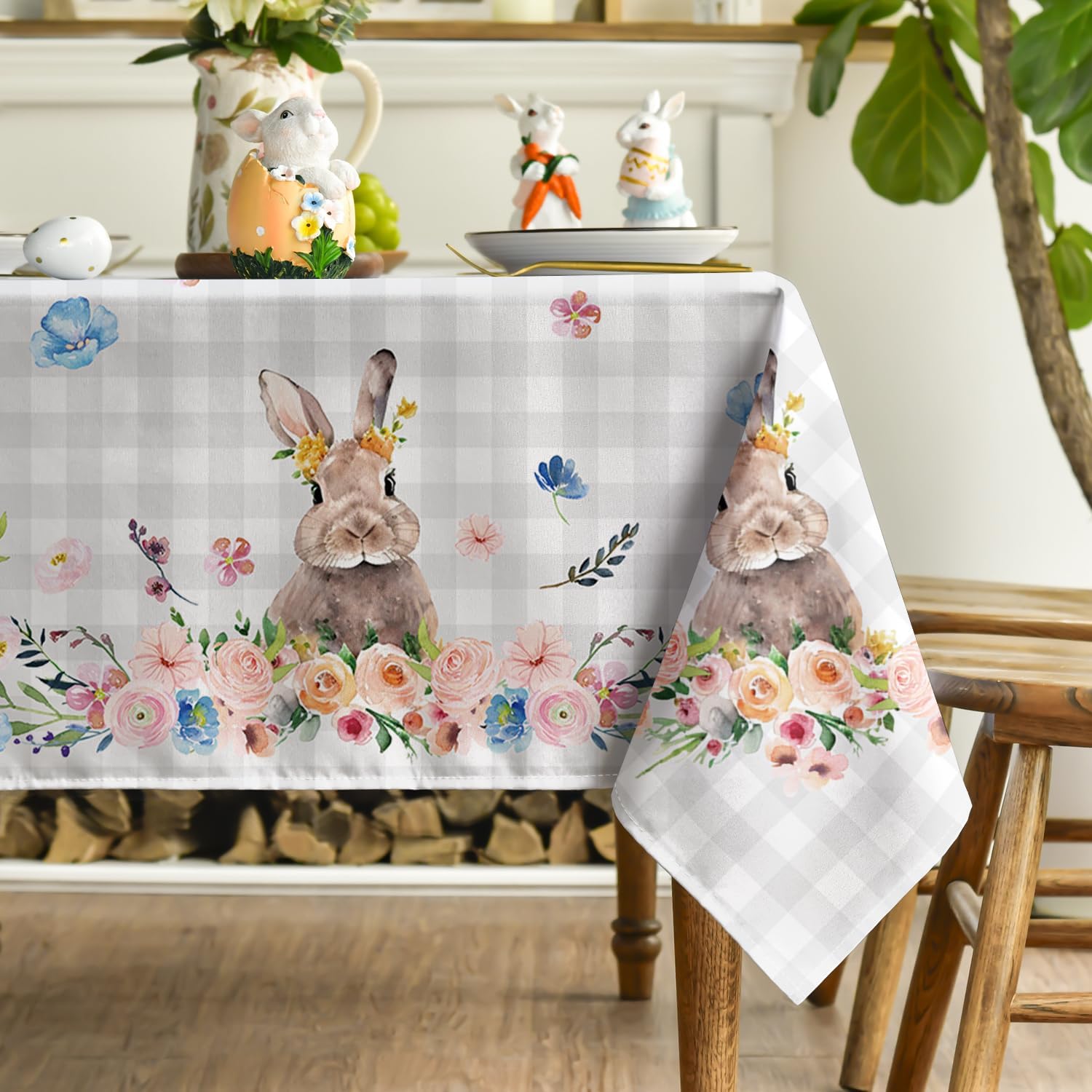 Horaldaily Easter Tablecloth 60x84 Inch Rectangular, Spring Flower Buffalo Plaid Bunny Table Cover for Party Picnic Dinner Decor - Image 3