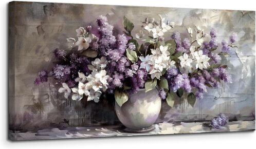 SERIMINO Still Life Large Wall Art, Purple Floral Canvas Prints Paintings, Vintage Vase Flowers Pictures Wall Decor Living Room Bathroom Kitchen Farmhouse Decor Artwork 20″X40″