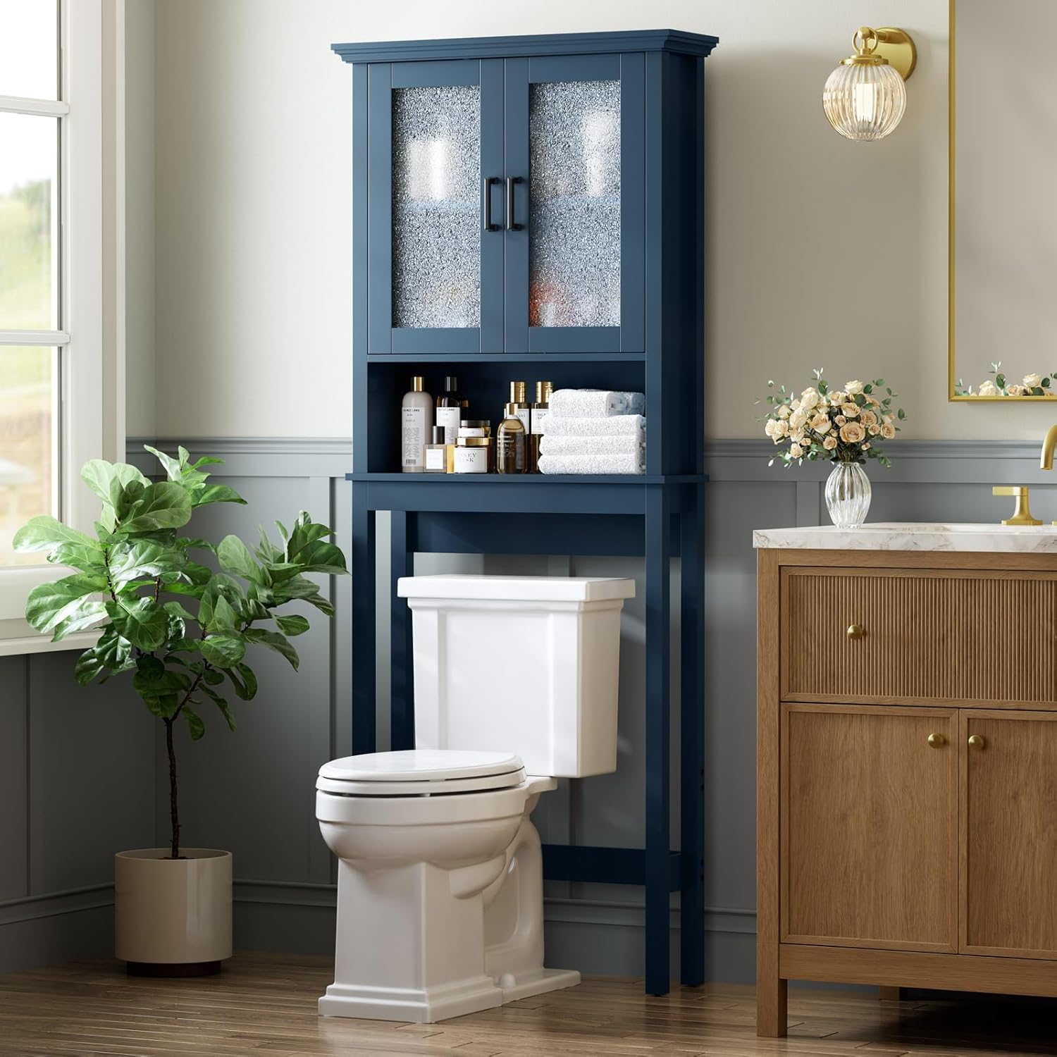 Over The Toilet Storage Cabinet, Over Toilet Storage Bathroom Cabinet with Glass Door and Adjustable Shelf, Above The Toilet Cabinet for Bathroom Behind Toilet Bathroom Organizer, Ultramarine