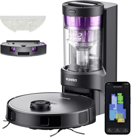 Eureka Robot Vacuum with Bagless Self Emptying Station, Robotic Vacuum and Mop Combo, 45-Day Capacity, 4000Pa Suction, Auto Lifting Mop, LiDAR Navigation, NER E10s BK