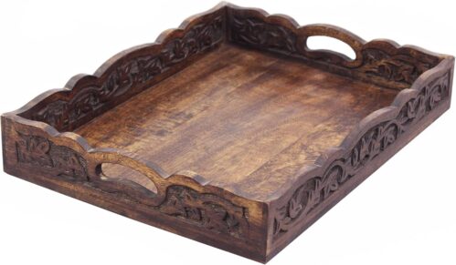 Hand Carved Wooden Serving Tray – Decorative Breakfast Tray with Handles – Rustic Wooden Food Tray with Intricate Detail – Unique Furnishing Accent – Natural Finish – 17 x 13 x 2.5 Inch – COTTON CRAFT