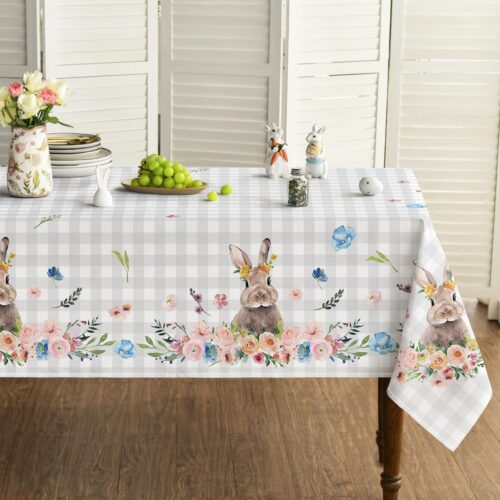 Horaldaily Easter Tablecloth 60×84 Inch Rectangular, Spring Flower Buffalo Plaid Bunny Table Cover for Party Picnic Dinner Decor