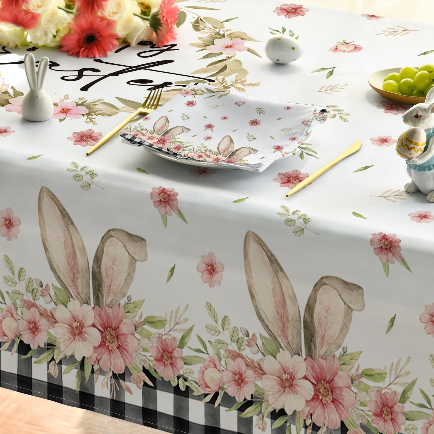 Horaldaily Easter Tablecloth 60x84 Inch Rectangular, Spring Flower Buffalo Plaid Bunny Ear Table Cover for Party Picnic Dinner Decor - Image 5