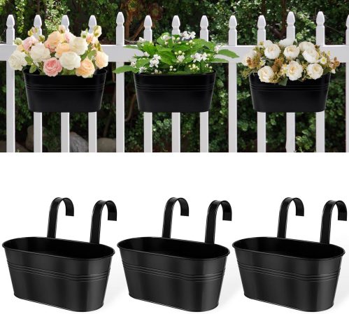 vensovo Metal Railing Planter for Outdoor Plants – 3 Pack Balcony Hanging Planter Box with Detachable Hooks and Drain Holes Oval Hanging Pots Fence Planters for Railing Garden Fence, Black
