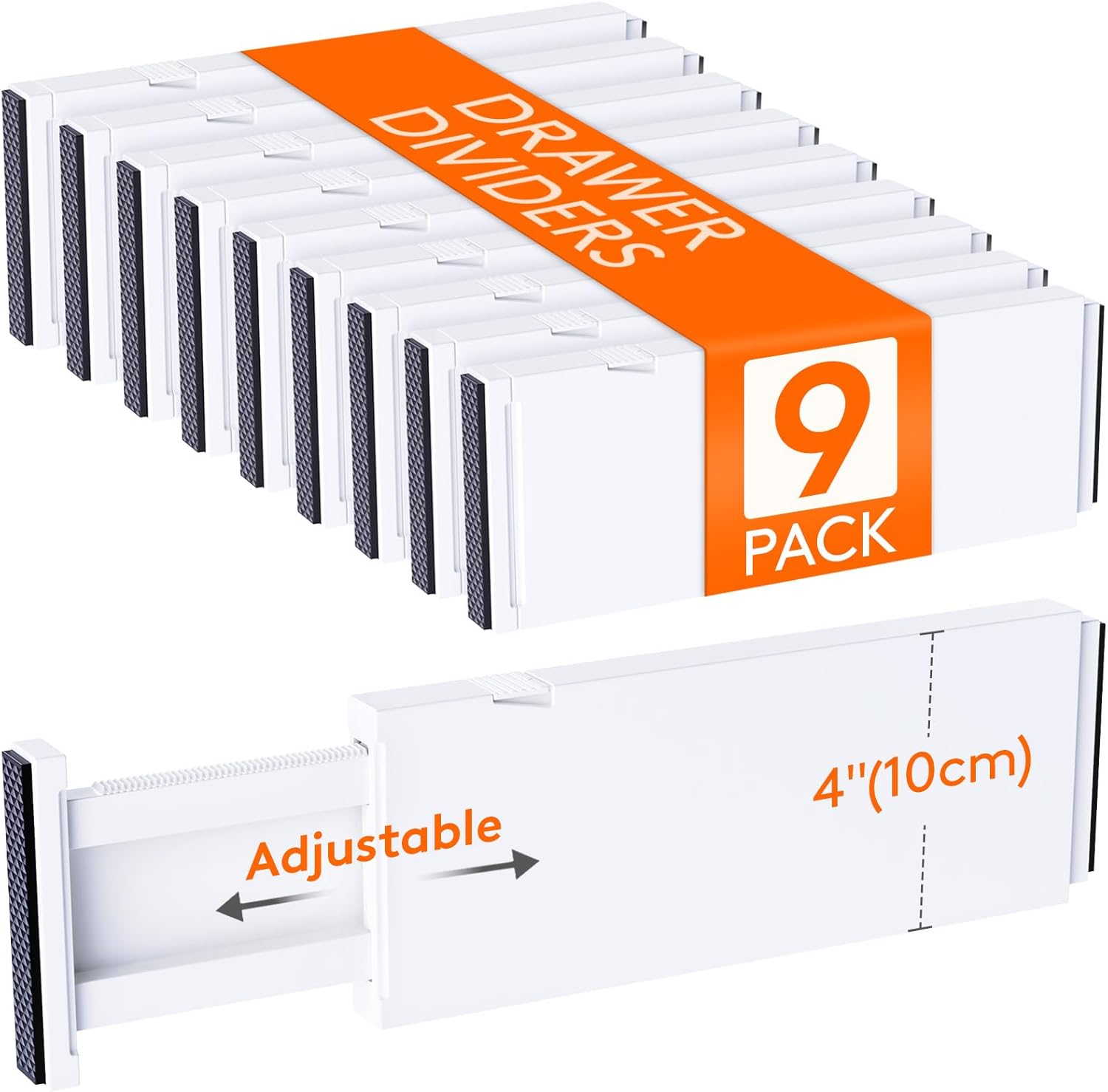 Lifewit 9 Pack Drawer Dividers 4" High, 11-17" Adjustable Drawer Organizers for Clothes, Expandable Dresser Separators in Bedroom/Bathroom/Kitchen/Fridge/Office Organization and Storage, White