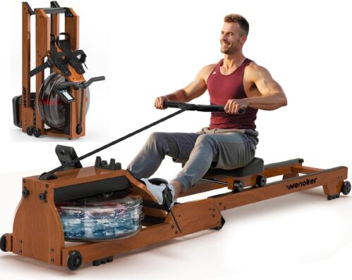 Water Rowing Machine for Home Use, Wooden Foldable Rower Machine with Adjustable Monitor & Bluetooth APP, Large Water Tank & Comfortable Seat for Immersive Water Rower, 350LBS Weight Capacity