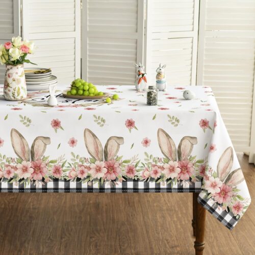 Horaldaily Easter Tablecloth 60×84 Inch Rectangular, Spring Flower Buffalo Plaid Bunny Ear Table Cover for Party Picnic Dinner Decor