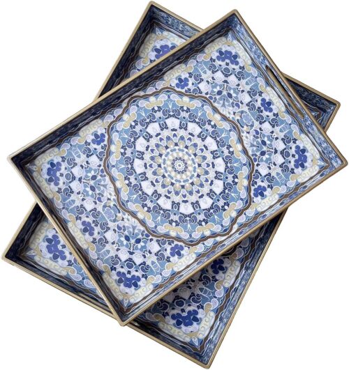 Boho Decorative Tray, Modern Blue Serving Tray with Handles, Ottoman Trays Set of 2, Plastic Coffee Table Tray for Living Room, Bathroom, Kitchen, Decor, Large 15.7”*11.8”, Small 13.7″*9.8″