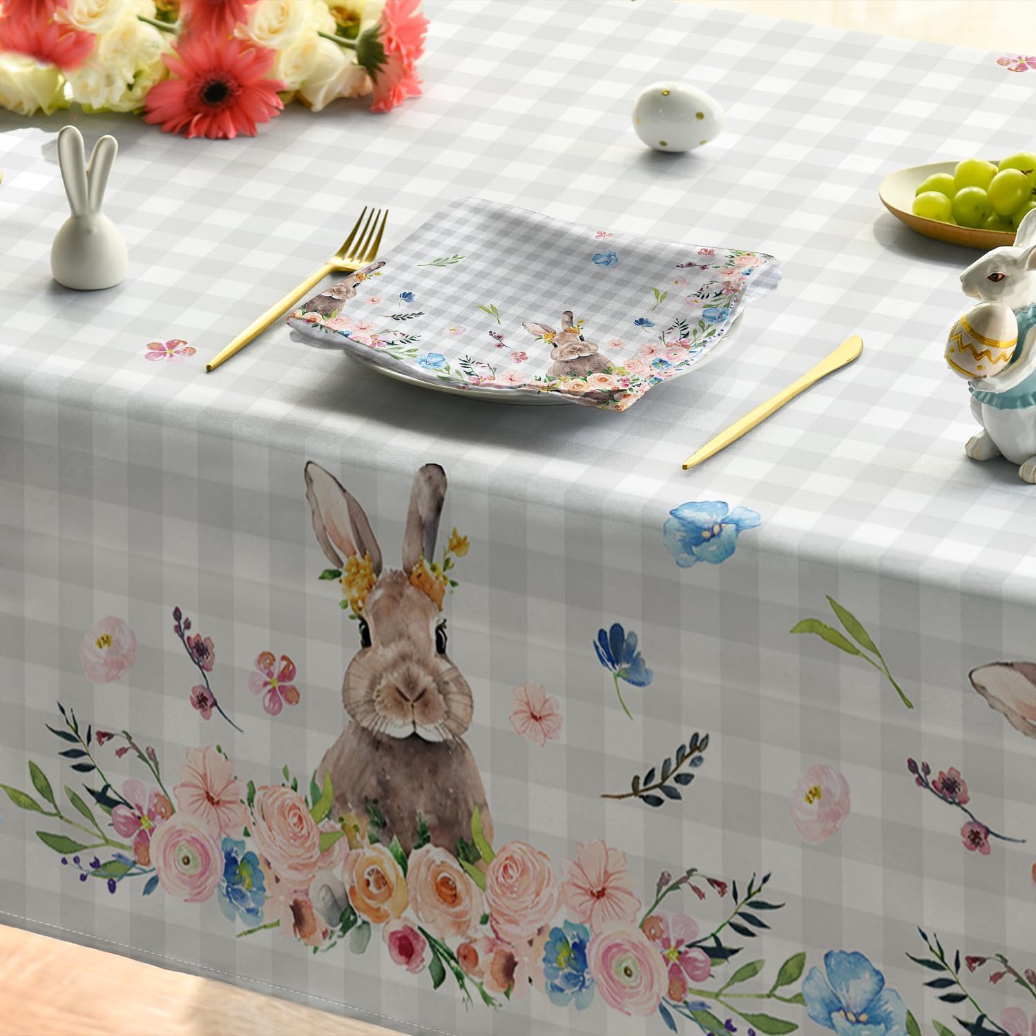 Horaldaily Easter Tablecloth 60x84 Inch Rectangular, Spring Flower Buffalo Plaid Bunny Table Cover for Party Picnic Dinner Decor - Image 5