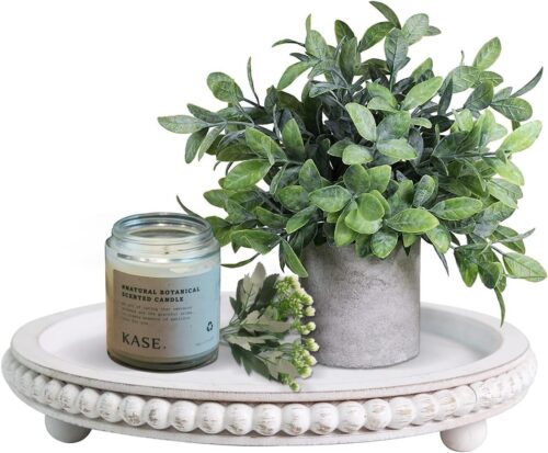 12in Round Wood Beaded Tray – White, Distressed, Farmhouse Rustic – Decorative Tray for Living Room, Coffee Table, Kitchen Table or Farmhouse Serving Tray