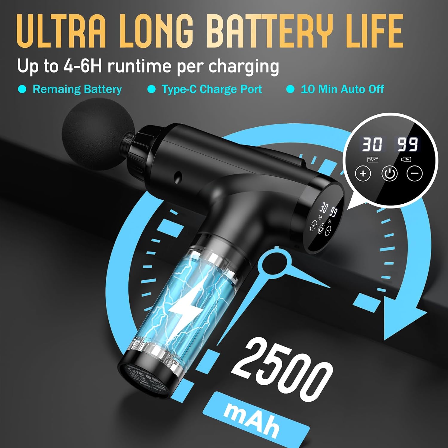 Massage Gun Deep Tissue, Handheld Electric Muscle Massager, High Intensity Percussion Massage Device for Pain Relief with 9 Attachments & 30 Speed(Black) - Image 3