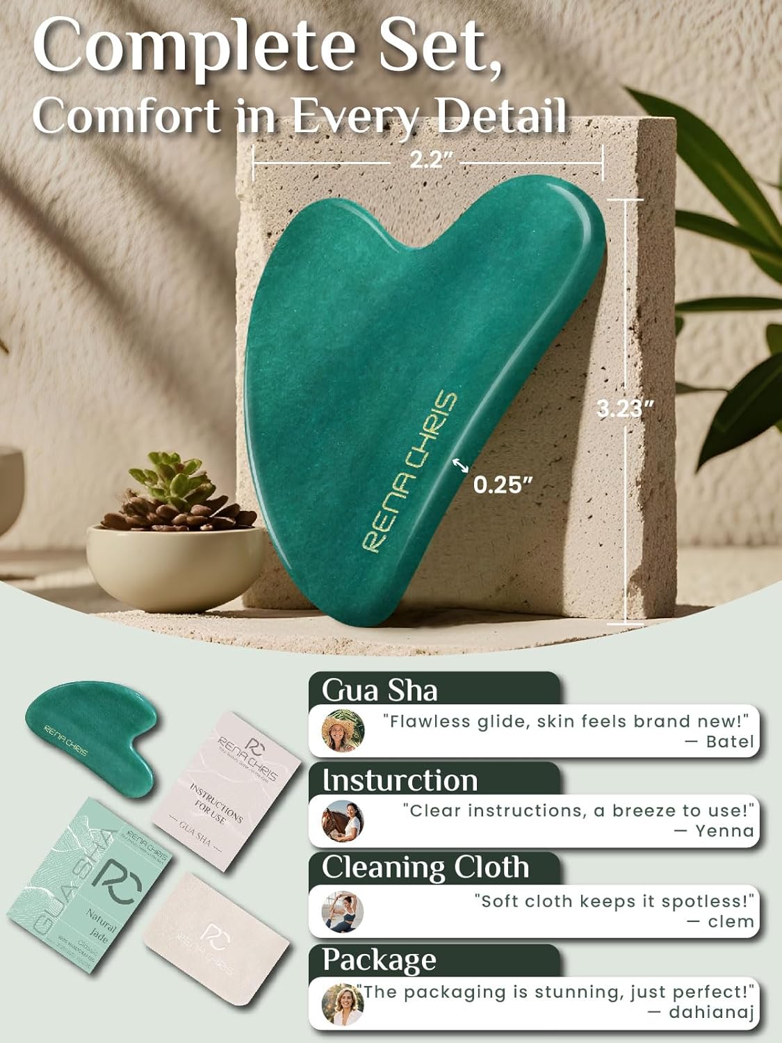Rena Chris Gua Sha Facial Tools, Natural Jade Stone Guasha, Manual Massage Sticks for Jawline Sculpting and Puffiness Reducing, Facial Massage Tool, Skin-Care Tool (Green) - Image 2