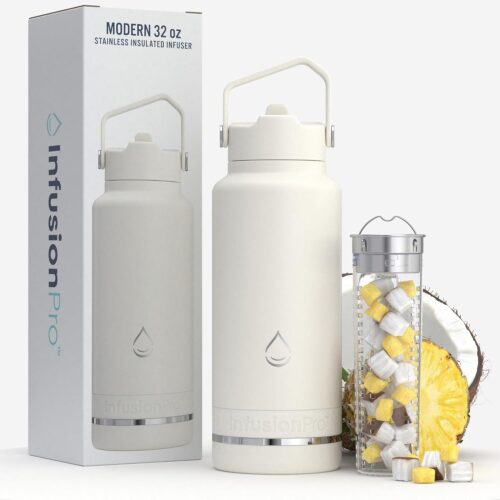 Infusion Pro Fruit Infuser Water Bottle with Straw Lid (32 oz) Stainless Steel Vacuum Insulated : 50 Recipe Fruit Infusion eBook : Large Infuser for More Flavor : Easy Cleaning : Great Gift