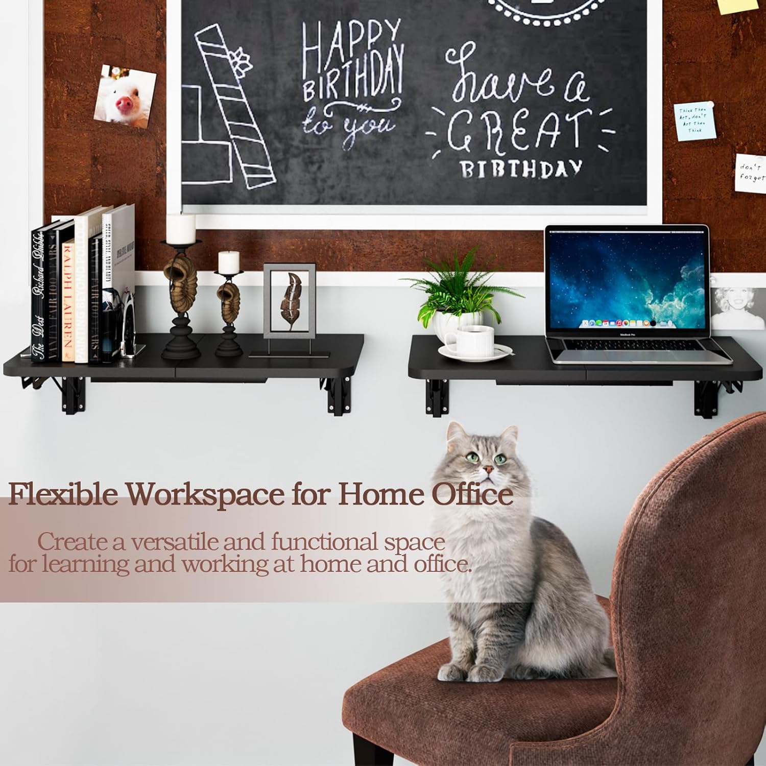 TEAMIX Wall Mounted Folding Table, Black Floating Desk for Small Spaces, Drop Leaf Dining Table for Kitchen Fold Down Laundry Shelf with Heavy-Duty Brackets - Image 2