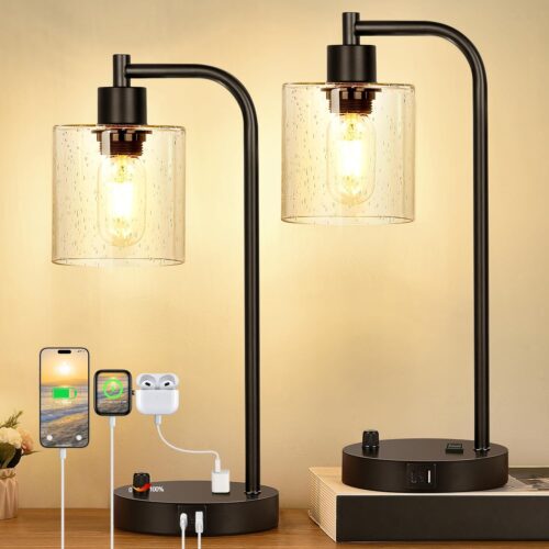 Set of 2 Industrial Table Lamps with 2 USB Port, Fully Stepless Dimmable Bedside Lamps for bedrooms, Nightstand Desk Lamps with Seeded Glass Shade for Reading Living Room Office 2 LED Bulb Included