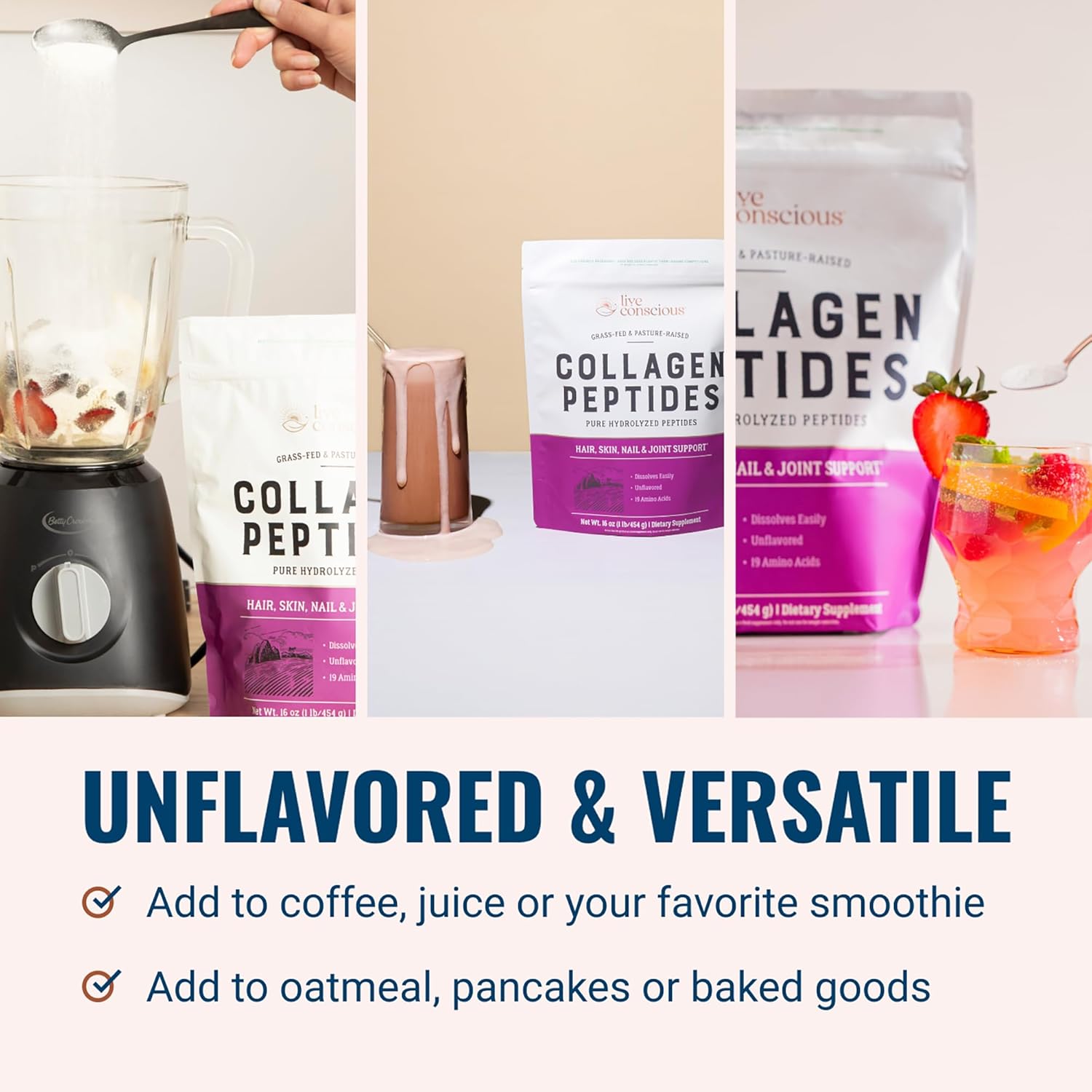 Live Conscious Collagen Peptides Powder - Naturally-Sourced Hydrolyzed Collagen Powder - Hair, Skin, Nail, and Joint Support - Type I & III Grass-Fed Collagen Supplements for Women and Men - 16oz - Image 5