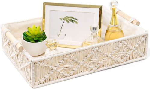 Mkono Macrame Decorative Tray Boho Home Decor Basket with Wooden Handles Handmade Woven Jewelry Perfume Makeup Storage Organizer for Vanity, Dresser, Countertop, Bedroom, Living Room, 14”L x 10”W