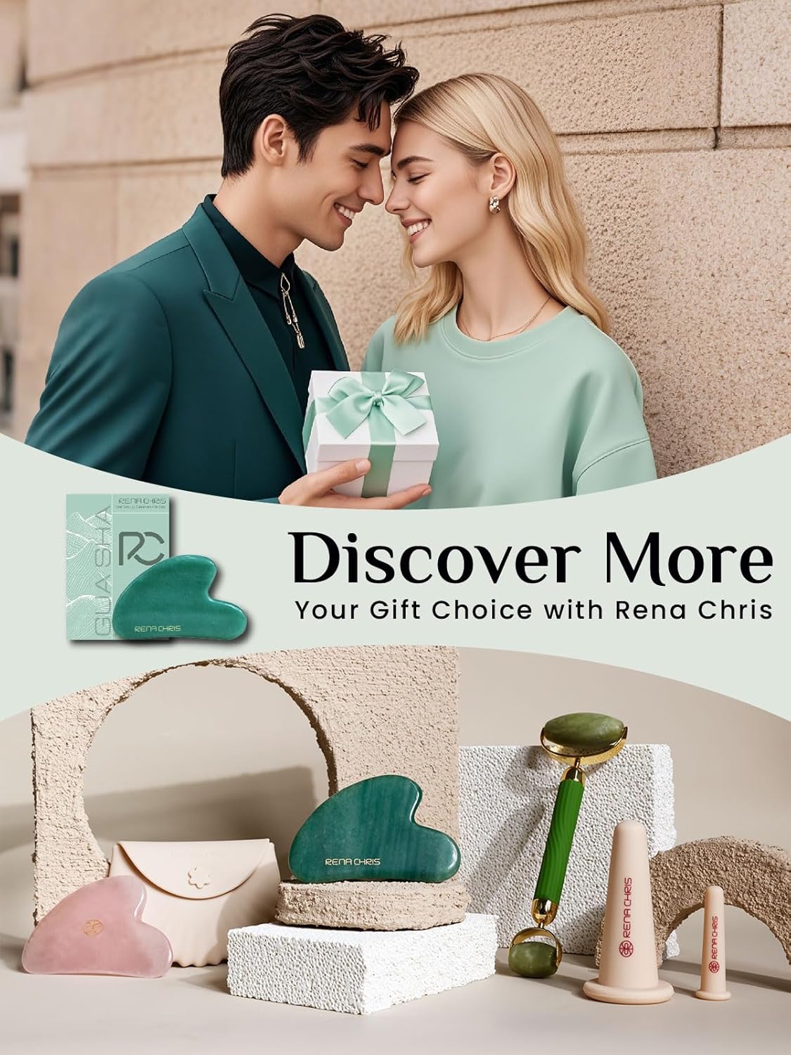 Rena Chris Gua Sha Facial Tools, Natural Jade Stone Guasha, Manual Massage Sticks for Jawline Sculpting and Puffiness Reducing, Facial Massage Tool, Skin-Care Tool (Green) - Image 6