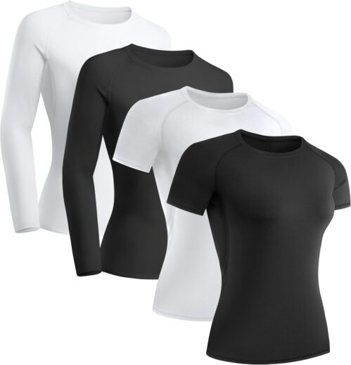 TELALEO 4 Pack Women’s Compression Shirt Long/Short Sleeve Performance Workout Baselayer Athletic Top Gym Sports Gear