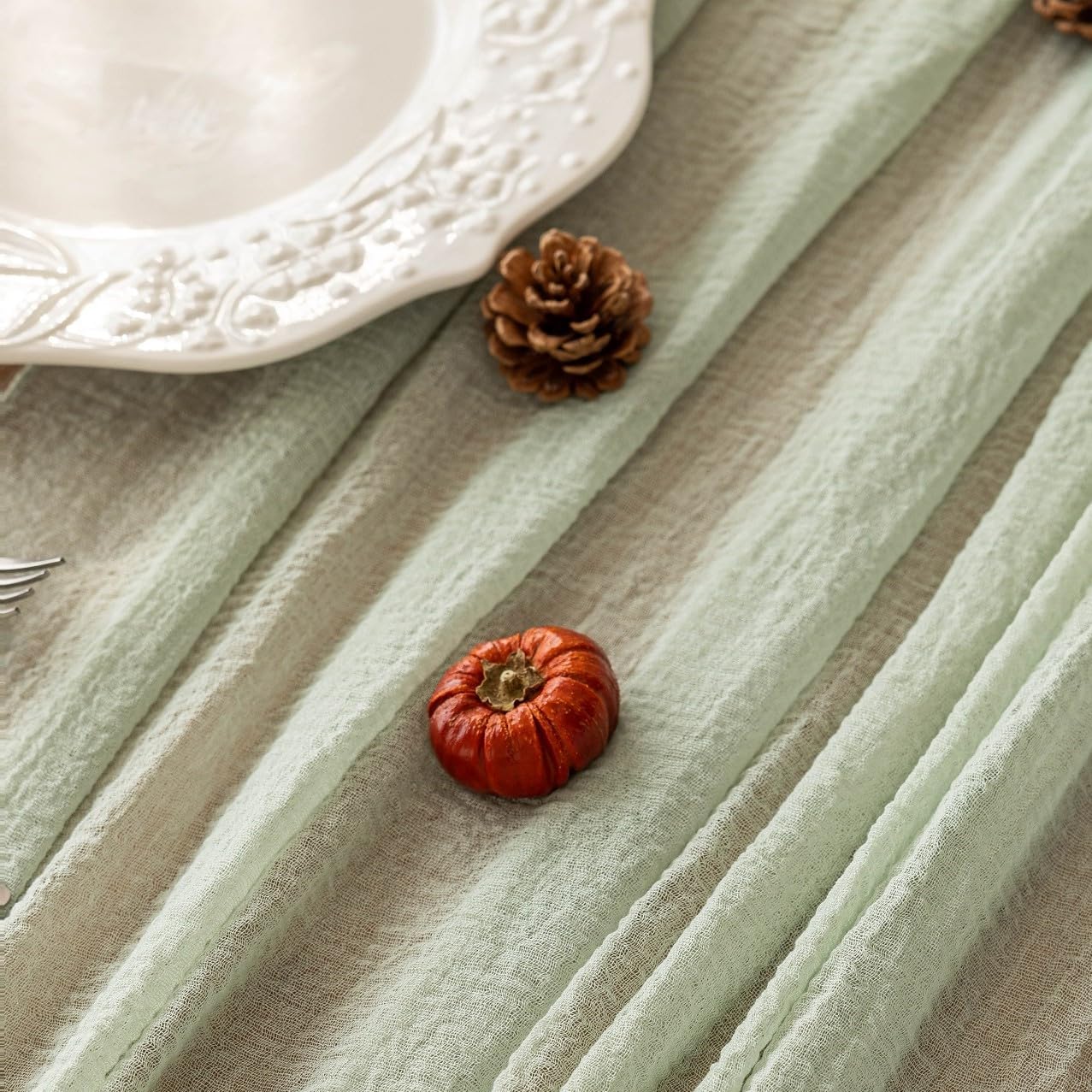 Keketo Sage Green Easter Table Runner Cheesecloth 120 Inch 10 FT Rustic Boho Cheese Cloth Table Runner for Wedding Baby Shower Bridal Shower Sheer Gauze Centerpiece Spring Home Decorations - Image 2