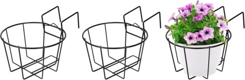 TQVAI 10 Inch Railing Planter Hanging Plant Holder, Over The Rail Flower Pots Basket Metal Fence Balcony Deck Planters for Outdoor Plants, Set of 3, Black