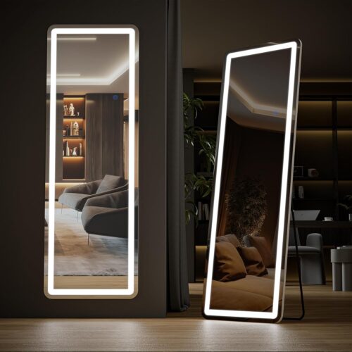 Sweetcrispy 64″x21″ Mirror Full Length Standing Mirror with LED Lights, Lighted Floor Mirror with Stand, w/Dimming & 3 Color Lighting, Wall Mirror Full Length Aluminum Alloy Thin Frame, White
