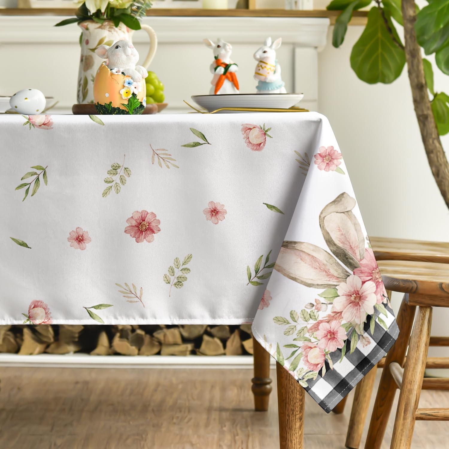Horaldaily Easter Tablecloth 60x84 Inch Rectangular, Spring Flower Buffalo Plaid Bunny Ear Table Cover for Party Picnic Dinner Decor - Image 3