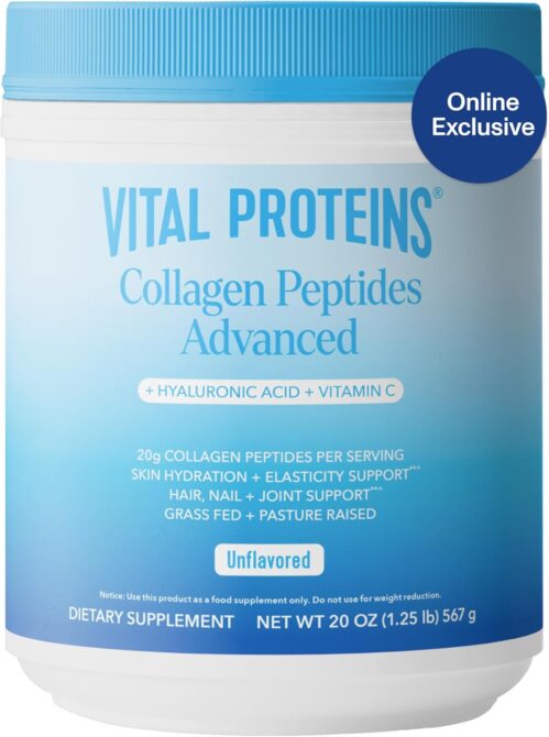 Vital Proteins Collagen Peptides Powder Advanced with Hyaluronic Acid & Vitamin C – 20 oz Collagen, Unflavored, 28 Servings