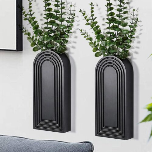 2 Pack Wooden Wall Vase Set – Black Finish Modern Farmhouse & Boho Wall Decor for Entryway, Hallway, Bathroom, Living Room, Dining Room, Narrow Spaces