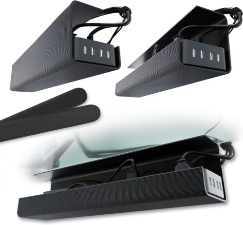 No-Screw Under Desk Cable Management Tray – Self-Adhesive Installation, Cord Management, Cable Tray, Under Desk Wire Organizer – Black Set of 2