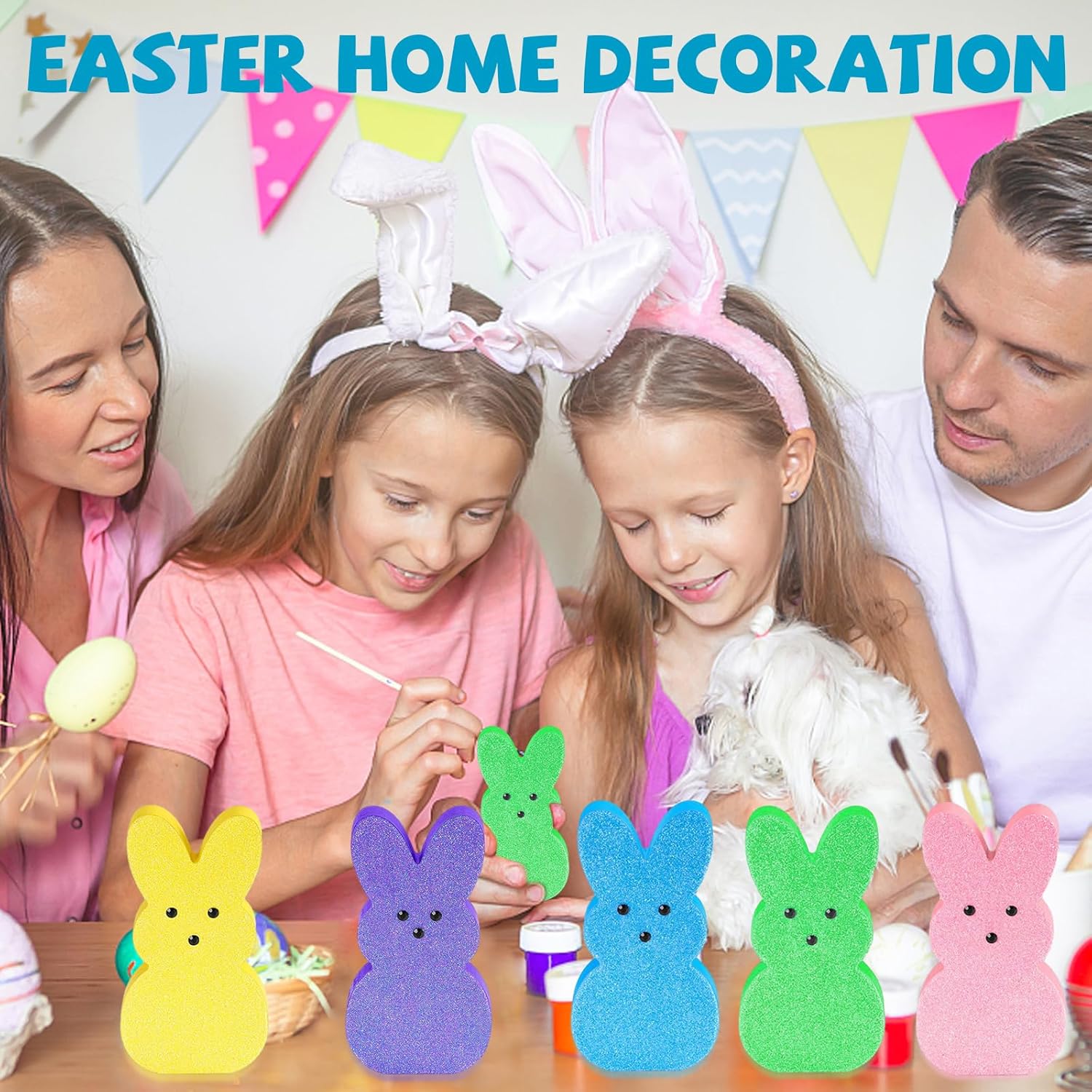 Easter Decor Bunny Signs: 5 Pcs Glittery Wood Easter Decorations for Tiered Tray Mantel Table - Image 4