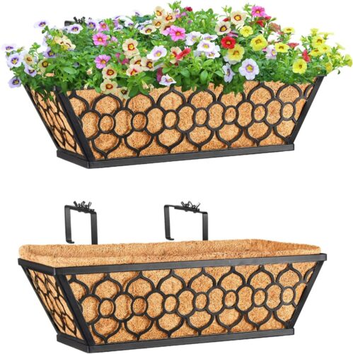 Riare 2 Pack 16 Inch Window Boxes Planters with Coco Liner, Metal Deck Railing Planter Boxes, Balcony Planters Railing Hanging, Horse Trough Window Flower Planter Boxes for Outdoor Porch Fence Patio