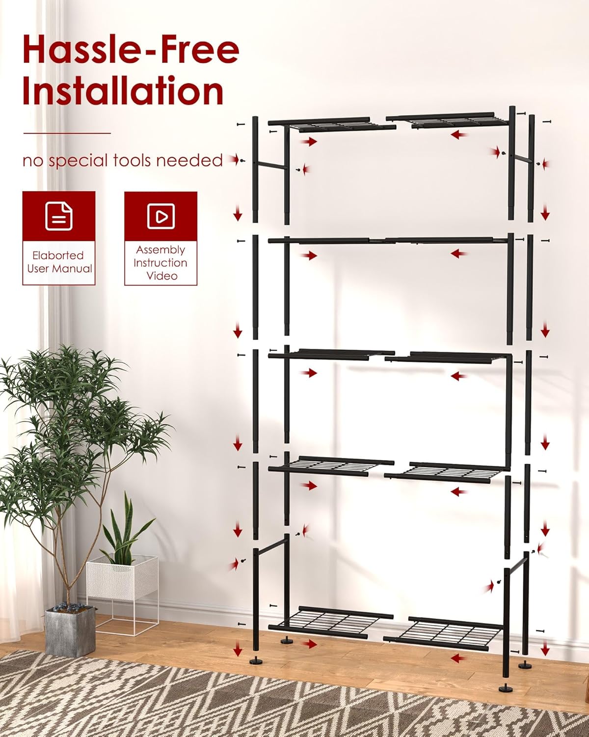 Storage Shelves - 5 Tier Shelf Organizer, Heavy Duty Garage Shelving Unit with Leveling Feet, Stable Metal Shelves Organizer for Pantry, Kitchen and Closet, 33.1" W X 12.6" D X 72.0" H, Black - Image 8