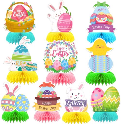 10 Pcs Easter Decorations Honeycomb Centerpieces,Easter Table Decor Happy Easter Bunny Easter Egg Centerpieces Table Honeycomb for Spring Easter Rabbit Photo Prop Party Supplies