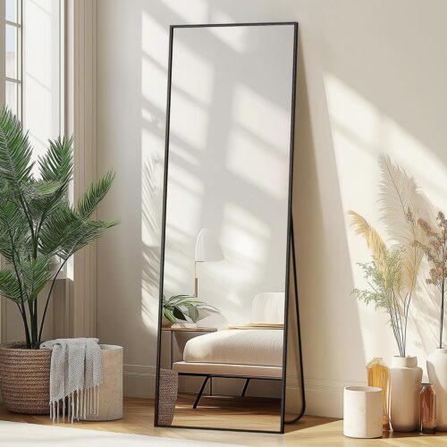 Delma Wall Mirror Full Length Mirror,Standing Mirror Full Body,Large Floor Mirror for Wall Door Bedroom Bathroom Living Room with Aluminium Frame(with Stand,56×15-Black)