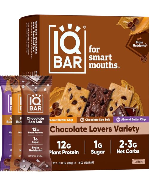 IQBAR Brain and Body Plant Protein Bars – Chocolate Lovers Variety – 12-Count Low Carb – Gluten Free, High Fiber, Vegan Snacks – Low Sugar Meal Replacement