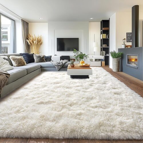 8×10 Rug for Living Room, Fuzzy Plush Large Area Rug, Fluffy Modern Shag Non Slip Soft Furry Carpet for Bedroom Kids Room Nursery Teens Dorm Home Decor, Cream White
