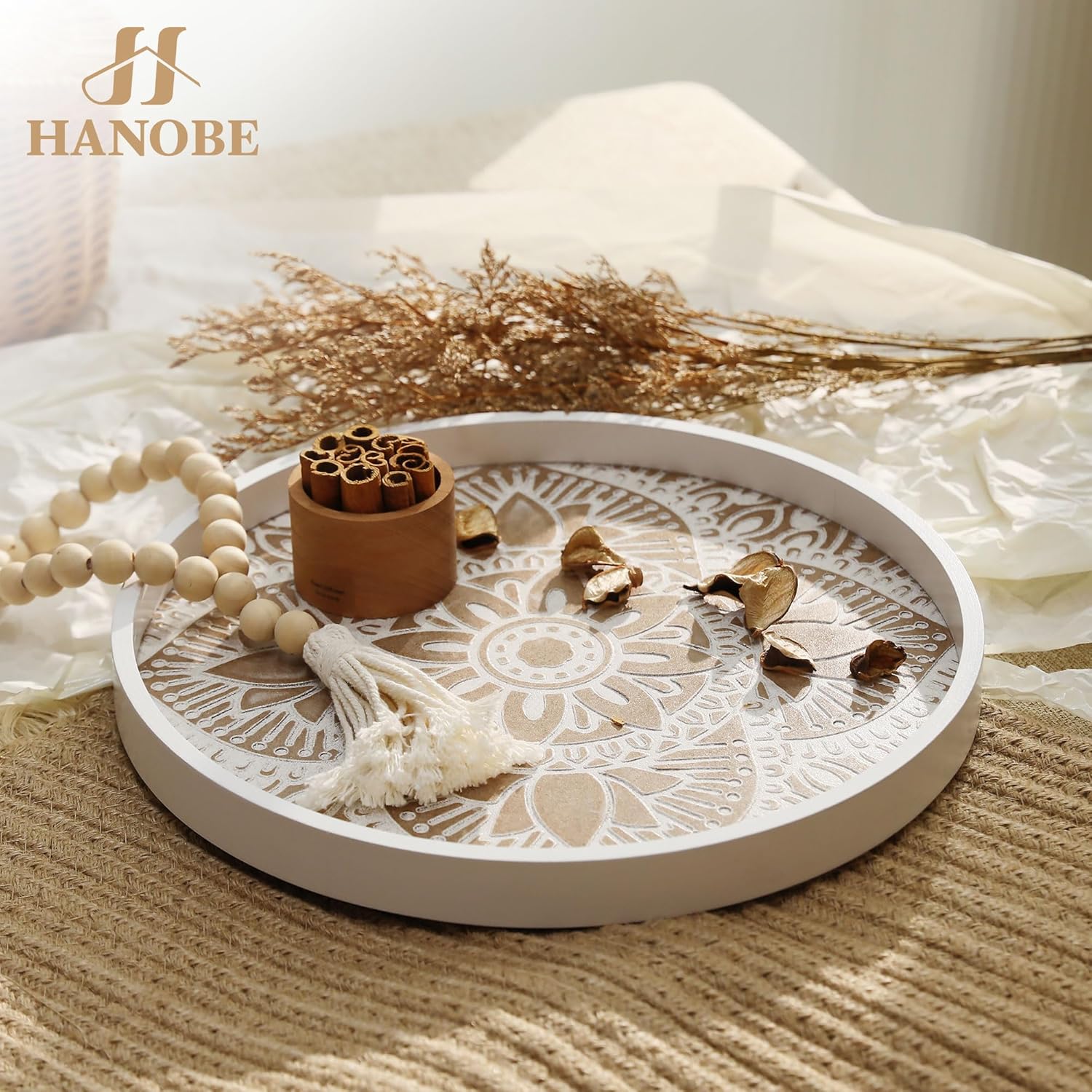 Hanobe Decorative Serving Tray Round: Farmhouse Coffee Table Tray for Ottoman Boho Wooden Centerpiece Rustic White Washed Mandala Home Decor Living Dining Room Kitchen Counter Display - Image 8