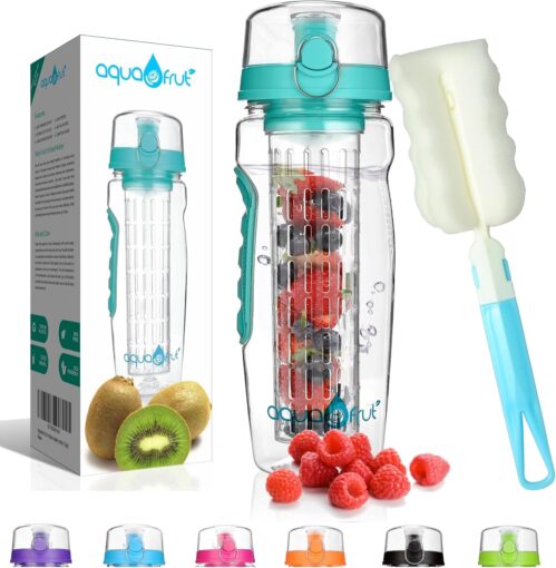 aquaFrut 32 OZ Fruit Infuser Water Bottle BPA-Free Fruit Infusion Sports Bottle – Flip Top Lid w Drinking Spout, Leak Proof, Made of Durable Tritan. Free Recipe eBook! (Teal)