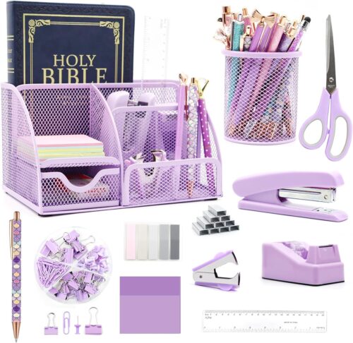 Purple Desk Organizers and Accessories,12pcs Office Desk Accessories Supplies,With Pen Holder, Tape Holder, Stapler, Scissors, Ruler, Staple Remover for Home & School, Office Supplies Gift for Women