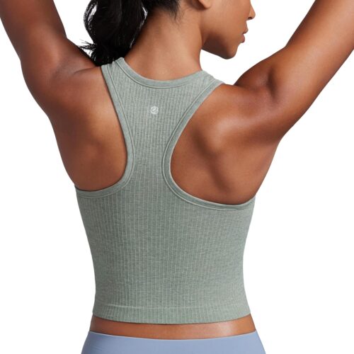 CRZ YOGA Womens Seamless Ribbed Longline High Neck Sports Bra – Racerback Padded Slim Fit Crop Tank Top with Built in Pads