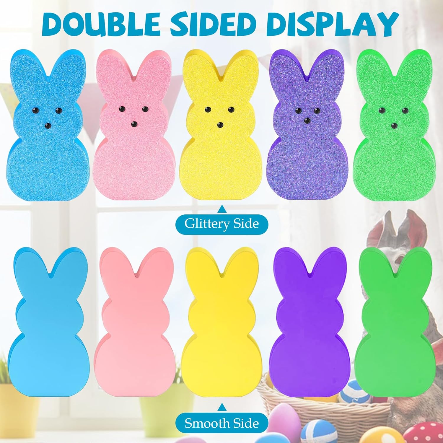 Easter Decor Bunny Signs: 5 Pcs Glittery Wood Easter Decorations for Tiered Tray Mantel Table - Image 2